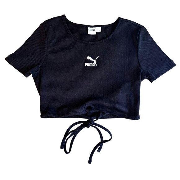 Puma Classic Fit Ribbed Crop Tee Black String Tie Bottom Hem Women's Medium - Picture 4 of 6